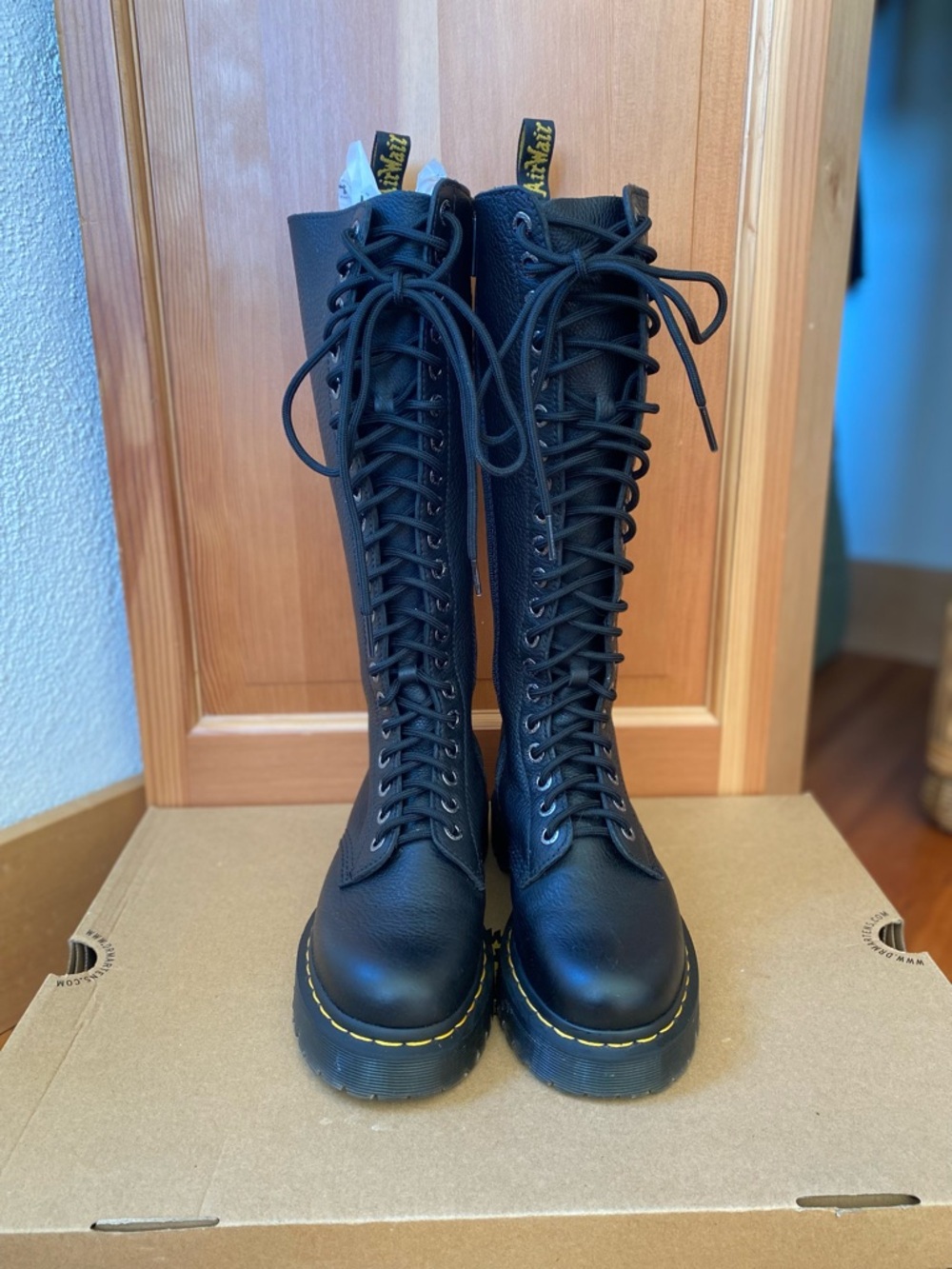 Dr. Martens Black Tall Lace-Up Combat Boots with Yellow Stitching
